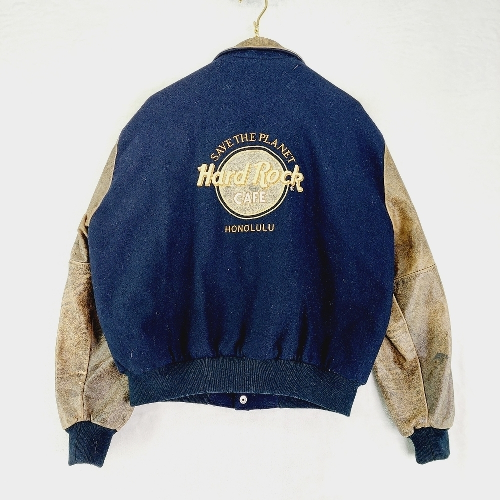 Hard Rock Cafe Wool Leather Button Up Bomber Jacket Coat Z72 - Picture 1 of 10